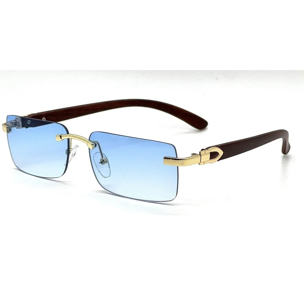 Rimless Men Sunglasses Blue Lens Wood Arms Gold Street Wear Trendy Hip Hop Shade